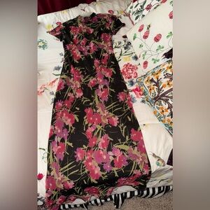 CDC Floral Black Cheongsam-style Maxi Dress